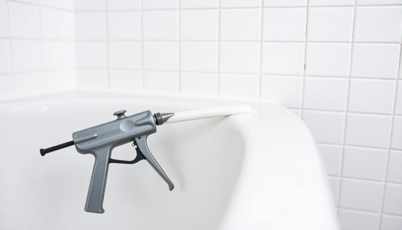 Fresh sealant being applied around a bath