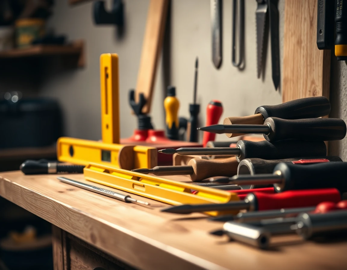 An open toolbox and tools laid out on a workbench, ready for the day.